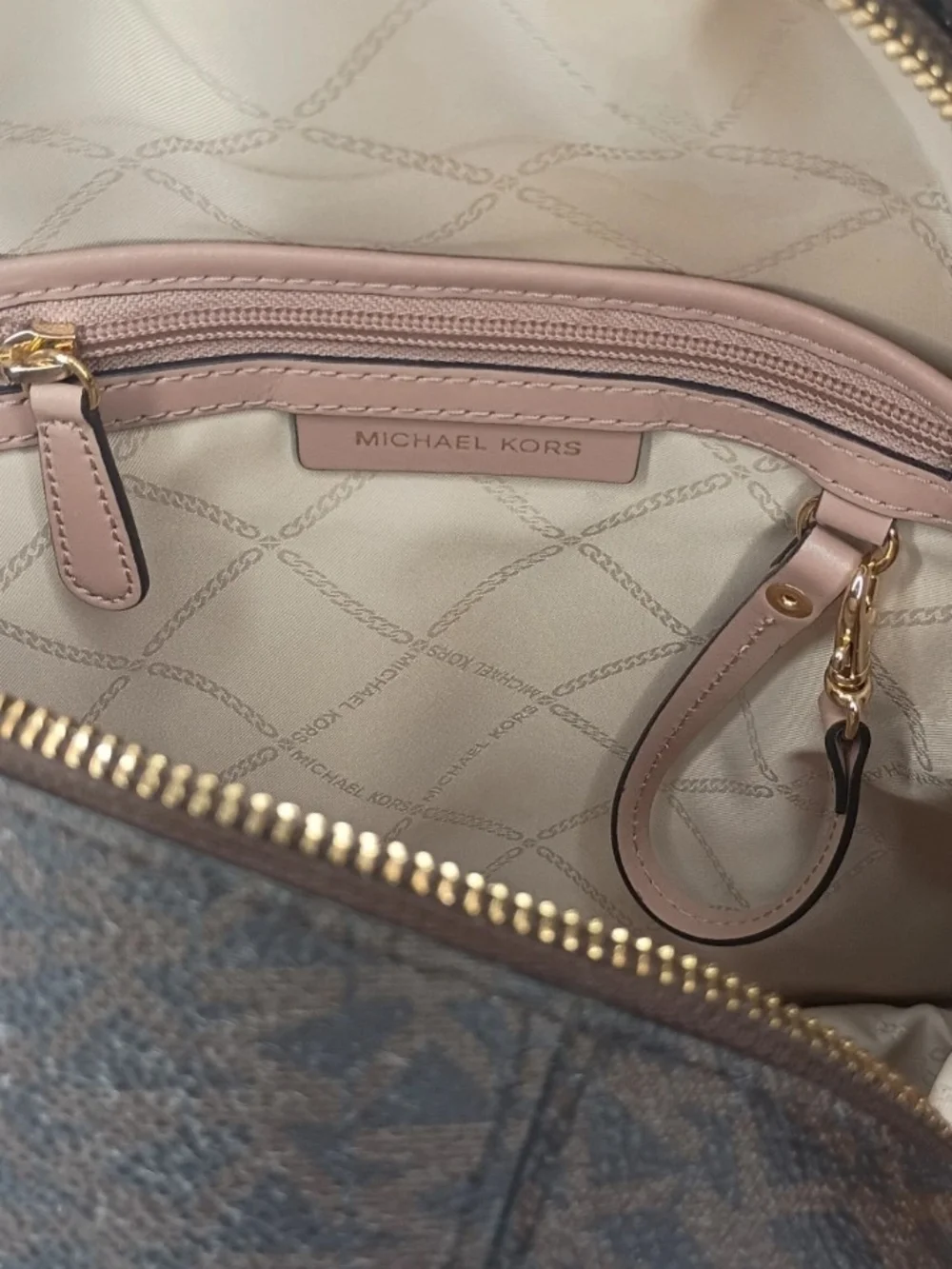 Michael Kors Rhea Zip Stripe Medium Backpack Pink & Brown Monogram